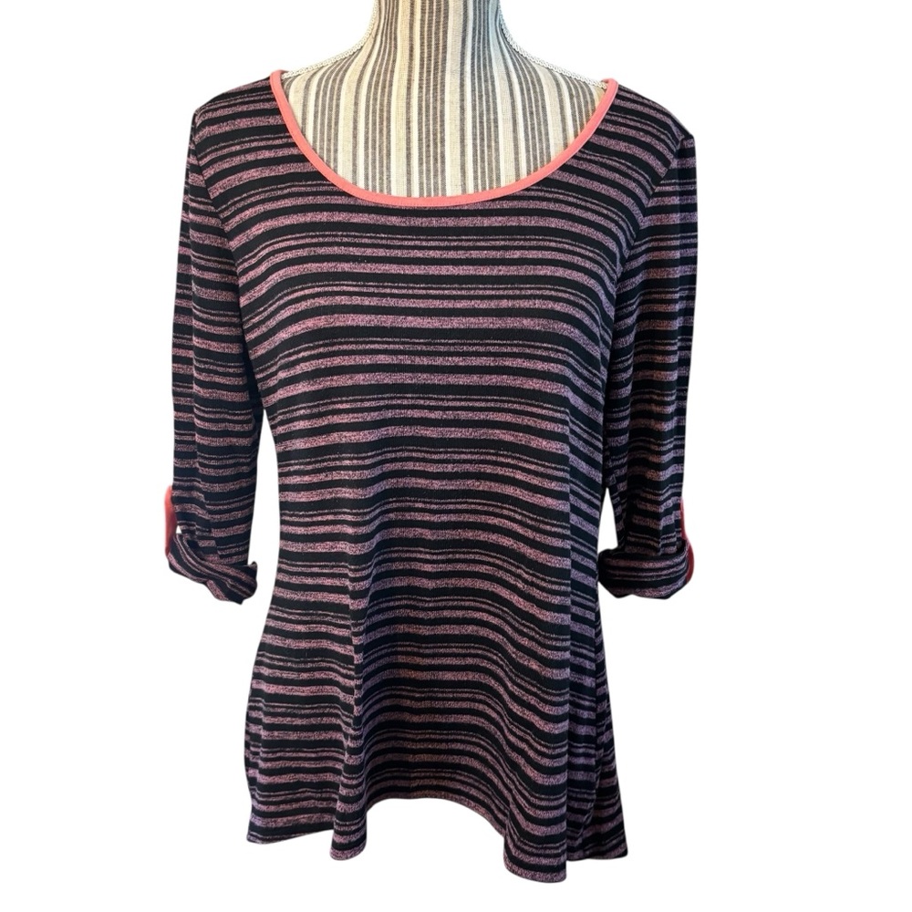 Bobbie Brooks Top Large Black and Pink Striped Scoop Neck 3/4 Rollup Sleeves